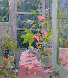Geraniums and Pink Cloth